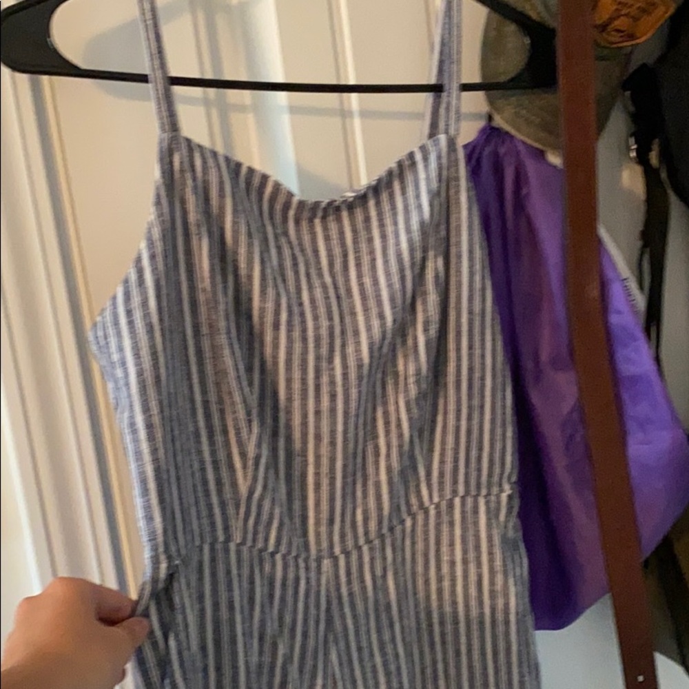 Striped Linen Mid-Calf Jumpsuit with Pockets